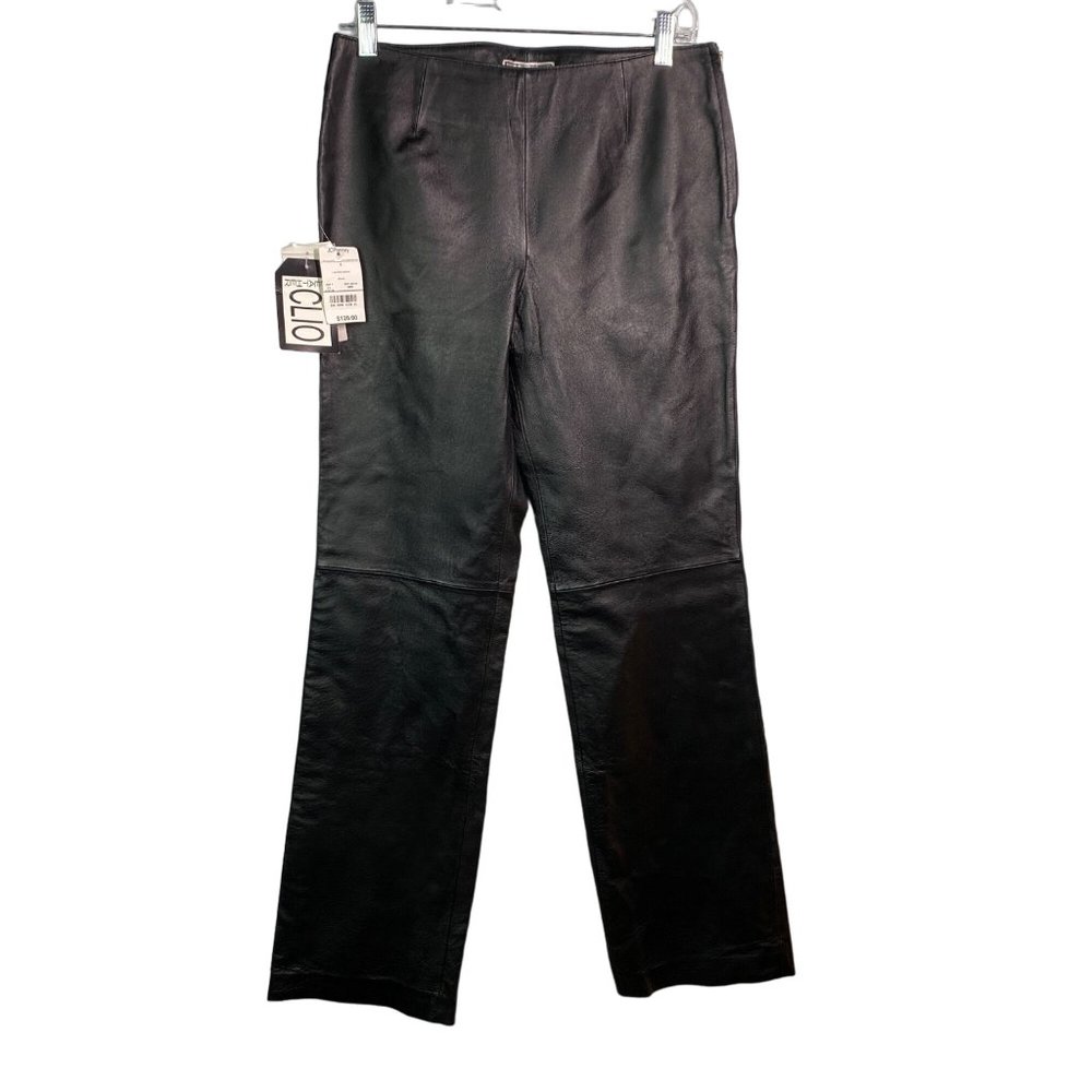 NWT vintage Clio black satin lined straight leg leather pants flat front women 6
